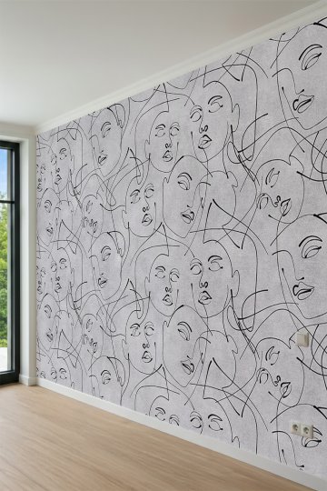 Dreamwall Monokrom Tek Çizgi Sanatı Kadın Yüzü Motifli Tek Parça Tekstil Duvar Kağıdı küçük görsel 3