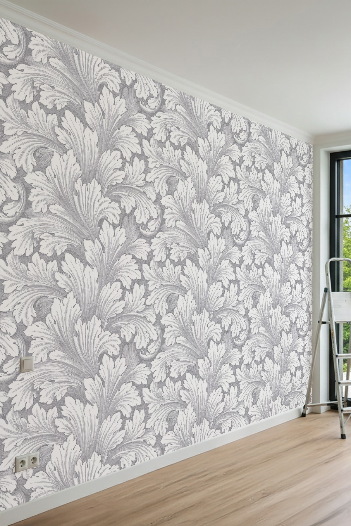 Dreamwall Monokrom Yaprak Motifli ve Damask Desenli Tek Parça Tekstil Duvar Kağıdı görsel 1