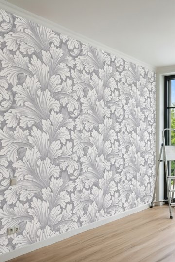 Dreamwall Monokrom Yaprak Motifli ve Damask Desenli Tek Parça Tekstil Duvar Kağıdı küçük görsel 2