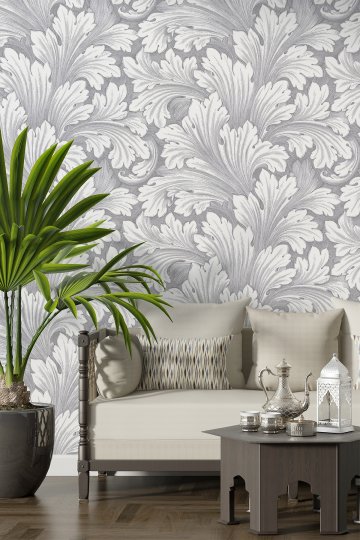 Dreamwall Monokrom Yaprak Motifli ve Damask Desenli Tek Parça Tekstil Duvar Kağıdı küçük görsel 1