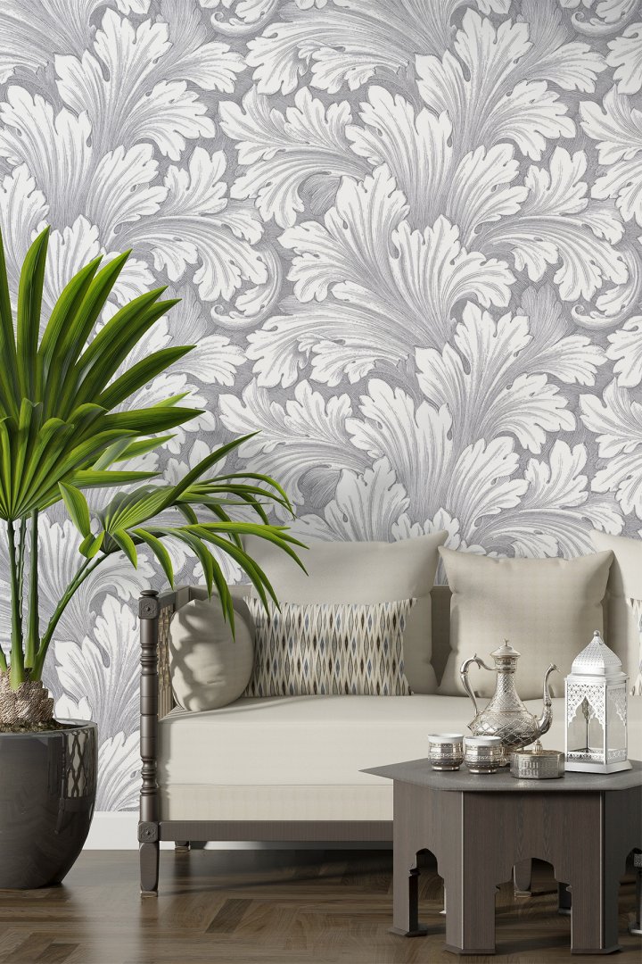 Dreamwall Monokrom Yaprak Motifli ve Damask Desenli Tek Parça Tekstil Duvar Kağıdı