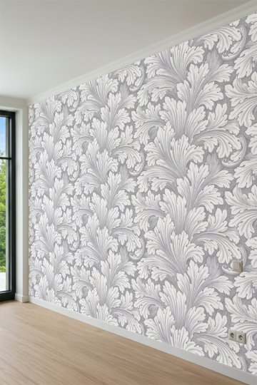 Dreamwall Monokrom Yaprak Motifli ve Damask Desenli Tek Parça Tekstil Duvar Kağıdı küçük görsel 4