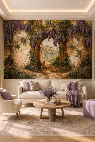 Dreamwall Mor Salkımlı Kemerlerin Ardında Şehir Temalı Tek Parça Tekstil Duvar Kağıdı küçük görsel 3