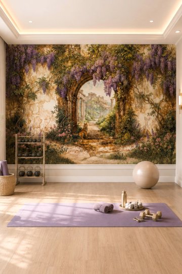 Dreamwall Mor Salkımlı Kemerlerin Ardında Şehir Temalı Tek Parça Tekstil Duvar Kağıdı