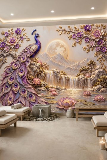 Dreamwall Mor Tüylü Tavus Kuşu, Aydınlatmalı Dolunay, Şelale ve Lotus Çiçekli Tek Parça Tekstil Duvar Kağıdı  küçük görsel 1