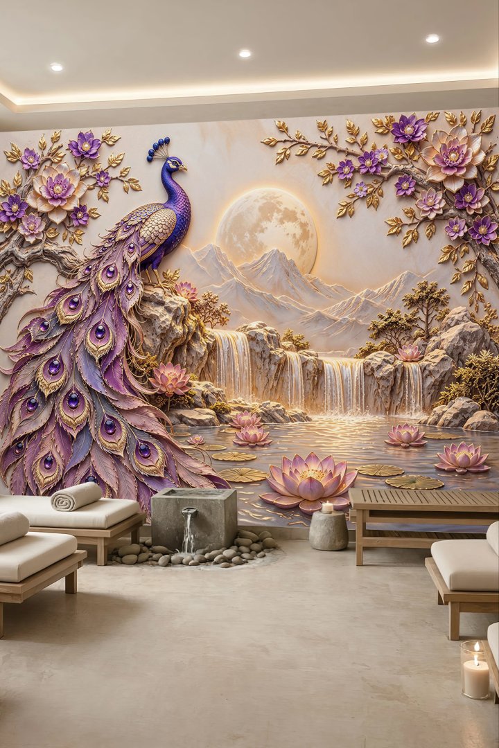 Dreamwall Mor Tüylü Tavus Kuşu, Aydınlatmalı Dolunay, Şelale ve Lotus Çiçekli Tek Parça Tekstil Duva...