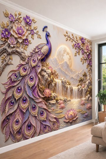 Dreamwall Mor Tüylü Tavus Kuşu, Aydınlatmalı Dolunay, Şelale ve Lotus Çiçekli Tek Parça Tekstil Duvar Kağıdı  küçük görsel 2