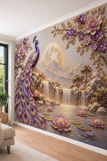 Dreamwall Mor Tüylü Tavus Kuşu, Aydınlatmalı Dolunay, Şelale ve Lotus Çiçekli Tek Parça Tekstil Duvar Kağıdı  küçük görsel 4