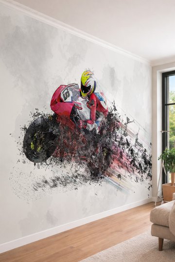 Dreamwall Motosiklet Yarışçısı İllüstrasyonu - Genç Odası İçin Tek Parça Tekstil Duvar Kağıdı