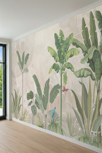 Dreamwall Muz Ağaçları, Tropikal Yapraklar ve Papağan Motifli Tek Parça Tekstil Duvar Kağıdı küçük görsel 3