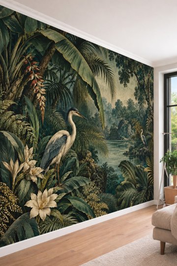 Dreamwall Nehir Kenarı Manzarası, Balıkçıl Kuşu ve Tropikal Bitki Motifli Tek Parça Tekstil Duvar Kağıdı  küçük görsel 1