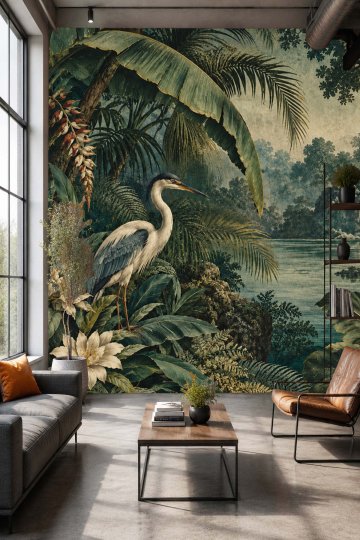 Dreamwall Nehir Kenarı Manzarası, Balıkçıl Kuşu ve Tropikal Bitki Motifli Tek Parça Tekstil Duvar Kağıdı  küçük görsel 2