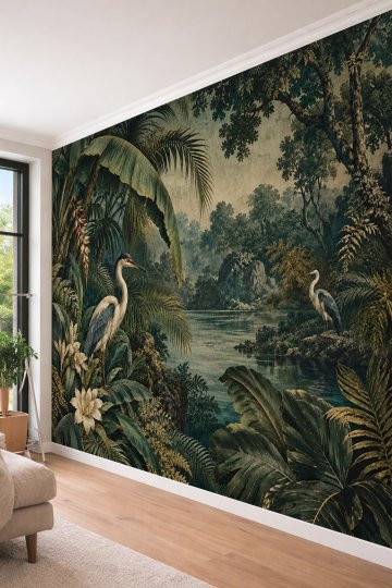 Dreamwall Nehir Kenarı Manzarası, Balıkçıl Kuşu ve Tropikal Bitki Motifli Tek Parça Tekstil Duvar Kağıdı  küçük görsel 3