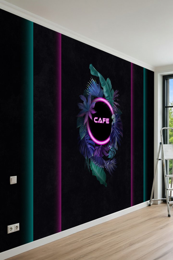 Dreamwall Neon Işıklı Özelleştirilebilir, Tropikal Yaprak ve Çizgi Motifli Tek Parça Tekstil Duvar K...