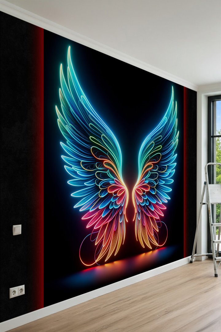 Dreamwall Neon Işıklı Renkli Kanatlar Konseptli Tek Parça Tekstil Duvar Kağıdı