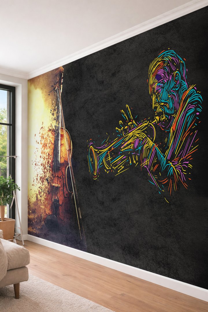 Dreamwall Neon Renkli Trompetçi ve Keman Temalı Modern Müzik Odası Tekstil Duvar Kağıdı