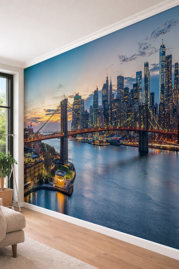 Dreamwall New York Manhattan Silüeti ve Brooklyn Köprüsü Gece Manzaralı Tekstil Duvar Kağıdı