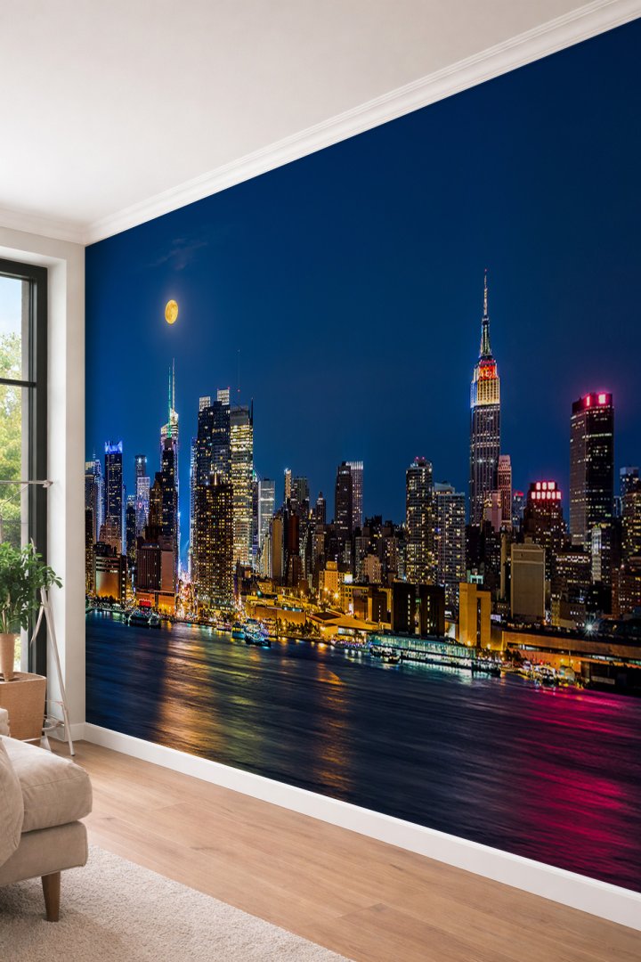 Dreamwall New York Silüetli Gece Şehri Manzaralı ve Dolunay Temalı  Tek Parça Tekstil Duvar Kağıdı