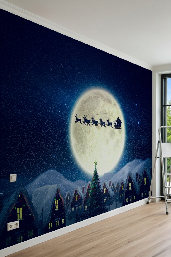 Dreamwall Noel Gecesi ve Sihirli Ren Geyikleri Temalı Tek Parça Tekstil Duvar Kağıdı