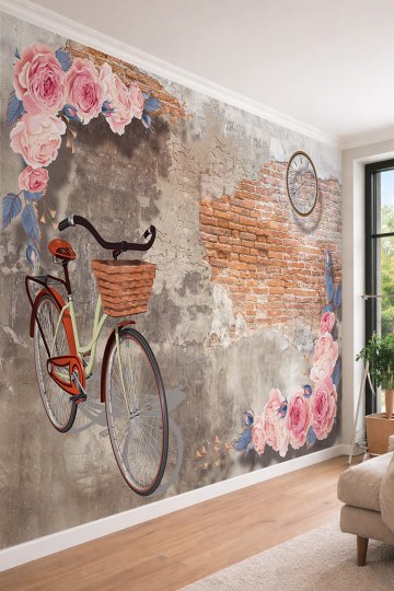 Dreamwall Nostaljik Bisiklet ve Güller Eskitme Tuğla Dokulu Tek Parça Tekstil Duvar Kağıdı