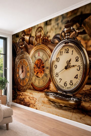 Dreamwall Nostaljik Köstekli Saatler - Antika Temalı Tek Parça Tekstil Duvar Kağıdı