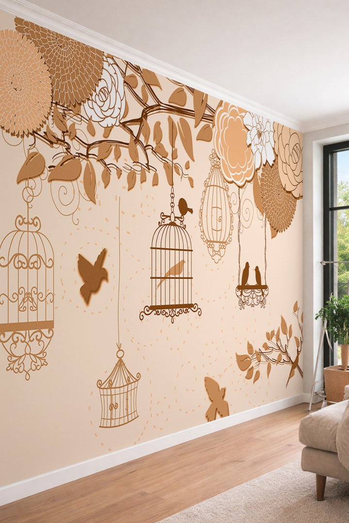 Dreamwall Nostaljik Kuş Kafesi ve Bahar Çiçekleri Temalı Tek Parça Tekstil Duvar Kağıdı