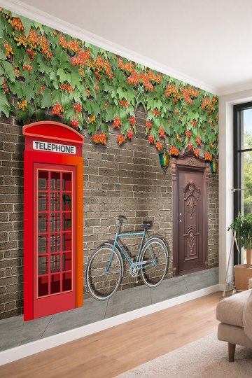 Dreamwall Nostaljik Londra SokağıTelefon Kulübesi- Bisikletli Tek Parça Tekstil Duvar Kağıdı