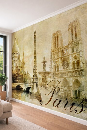 Dreamwall Nostaljik Paris Temalı Eyfel Kulesi ve Notre Dame Tasarımlı  Tekstil Duvar Kağıdı