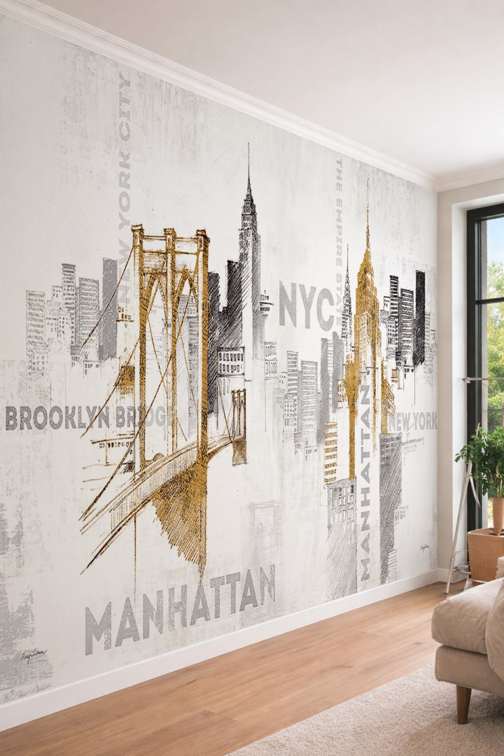 Dreamwall NYC Brooklyn Bridge ve Manhattan Eskiz Tasarımlı Tek Parça Tekstil Duvar Kağıdı