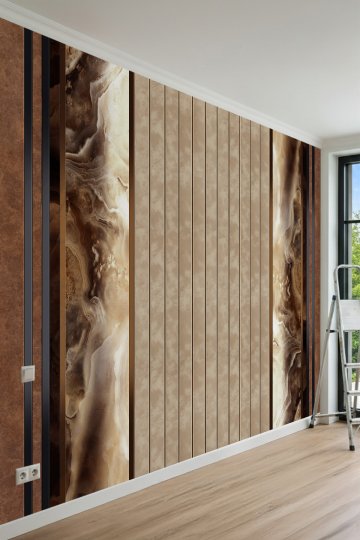Dreamwall Oniks Mermer Pano ve Dikey Ahşap Çıta Desenli Tek Parça Tekstil Duvar Kağıdı küçük görsel 2