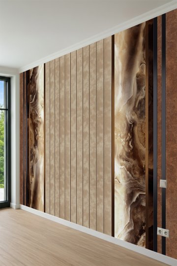 Dreamwall Oniks Mermer Pano ve Dikey Ahşap Çıta Desenli Tek Parça Tekstil Duvar Kağıdı küçük görsel 3