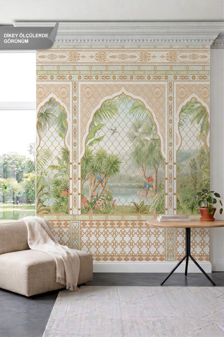 Dreamwall Oriental Kemer Panelleri, Papağanlar ve Tropikal Manzaralı Tek Parça Tekstil Duvar Kağıdı