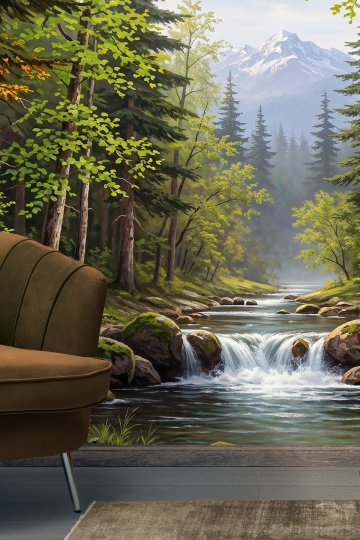 Dreamwall Orman İçinden Akan Dere, Çağlayanlar, Çam Ağaçları ve Dağ Manzaralı Tek Parça Tekstil Duvar Kağıdı 