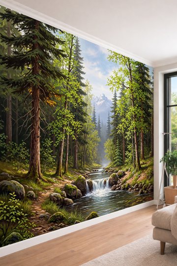 Dreamwall Orman İçinden Akan Dere, Çağlayanlar, Çam Ağaçları ve Dağ Manzaralı Tek Parça Tekstil Duvar Kağıdı  küçük görsel 2