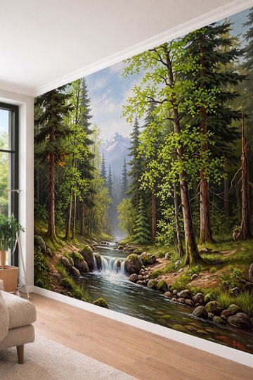Dreamwall Orman İçinden Akan Dere, Çağlayanlar, Çam Ağaçları ve Dağ Manzaralı Tek Parça Tekstil Duvar Kağıdı  küçük görsel 4