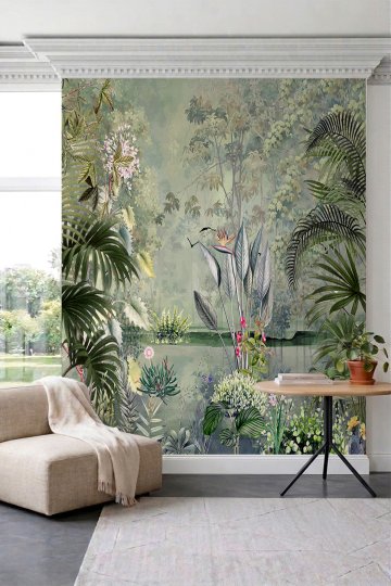 Dreamwall Orman, Nehir Kıyısı ve Tropikal Bitki Desenli Tek Parça Tekstil Duvar Kağıdı küçük görsel 1