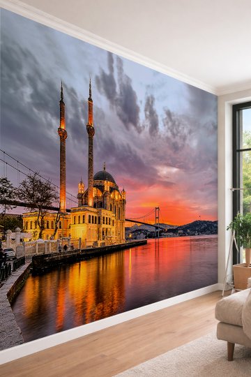 Dreamwall Ortaköy Camii ve Boğaz Köprüsü - Gün Batımı Temalı Tek Parça Tekstil Duvar Kağıdı