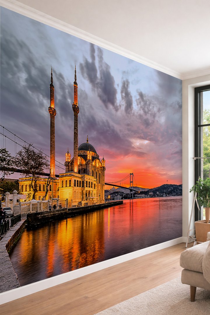 Dreamwall Ortaköy Camii ve Boğaz Köprüsü - Gün Batımı Temalı Tek Parça Tekstil Duvar Kağıdı