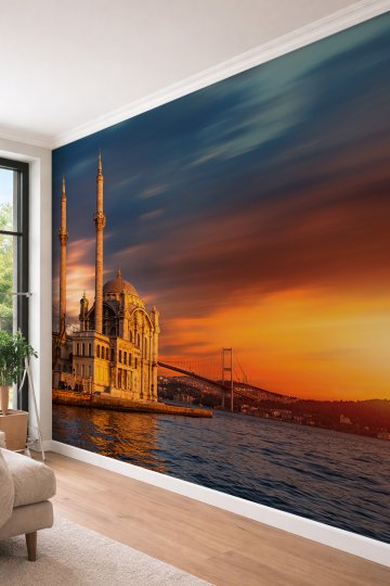Dreamwall Ortaköy Camii ve Boğaz Köprüsü Temalı Gün Batımı Manzaralı Tekstil Duvar Kağıdı
