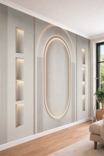 Dreamwall Oval Kemer Nişi, Dikey Çıtalar ve Işıklı Raflı Tek Parça Tekstil Duvar Kağıdı  küçük görsel 2