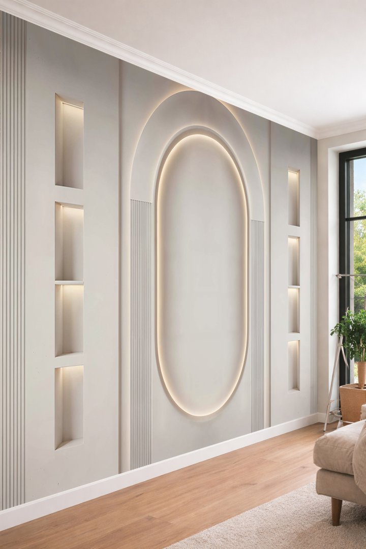 Dreamwall Oval Kemer Nişi, Dikey Çıtalar ve Işıklı Raflı Tek Parça Tekstil Duvar Kağıdı 