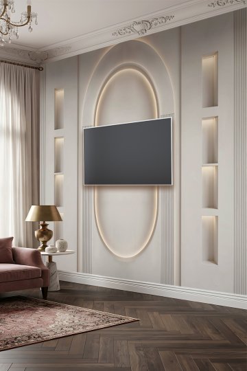 Dreamwall Oval Kemer Nişi, Dikey Çıtalar ve Işıklı Raflı Tek Parça Tekstil Duvar Kağıdı  küçük görsel 1