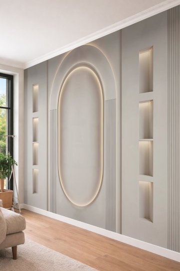 Dreamwall Oval Kemer Nişi, Dikey Çıtalar ve Işıklı Raflı Tek Parça Tekstil Duvar Kağıdı  küçük görsel 3