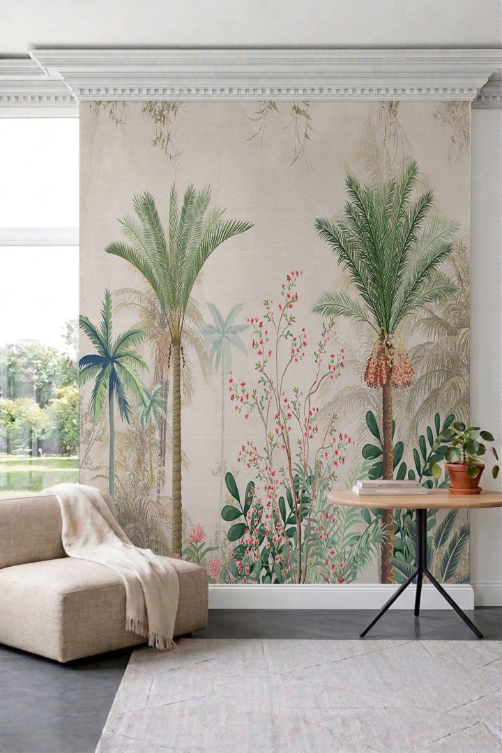 Dreamwall Palmiye Ağaçları ve Tropikal Bitki Desenli Tek Parça Tekstil Duvar Kağıdı