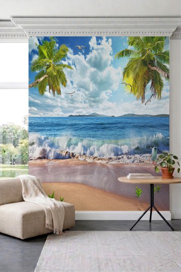 Dreamwall Palmiye Ağaçlı Kumsal ve Penguen Figürlü Tek Parça Tekstil Duvar Kağıdı küçük görsel 1