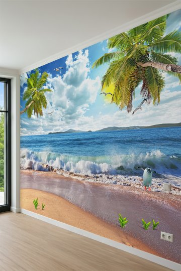 Dreamwall Palmiye Ağaçlı Kumsal ve Penguen Figürlü Tek Parça Tekstil Duvar Kağıdı küçük görsel 3