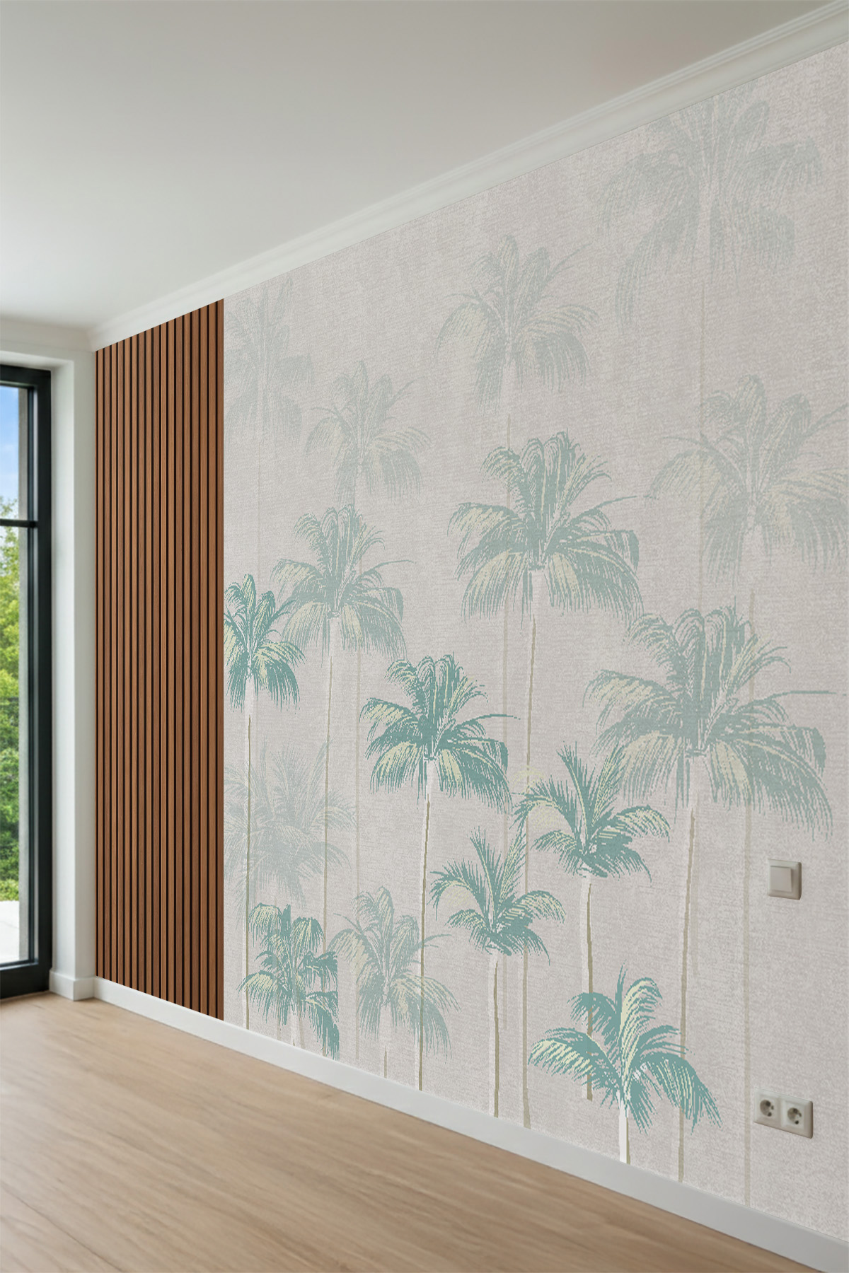 Dreamwall Palmiye ve Ahşap Panel Desenli Tek Parça Tekstil Duvar Kağıdı görsel 1