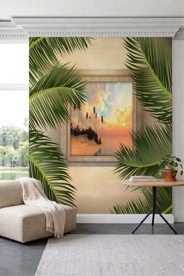 Dreamwall Palmiye Yaprakları ve Tropikal Gün Batımı Desenli Tek Parça Tekstil Duvar Kağıdı küçük görsel 2