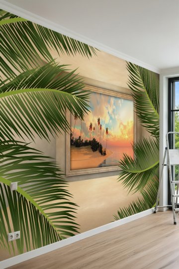 Dreamwall Palmiye Yaprakları ve Tropikal Gün Batımı Desenli Tek Parça Tekstil Duvar Kağıdı
