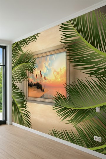 Dreamwall Palmiye Yaprakları ve Tropikal Gün Batımı Desenli Tek Parça Tekstil Duvar Kağıdı küçük görsel 3